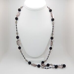 Vintage Beaded Necklace / Black & Smoke Color Beads / 36" L / Lobster Claw Clasp